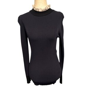 Sandro Paris Navy Blue Ribbed Ruffle Turtleneck